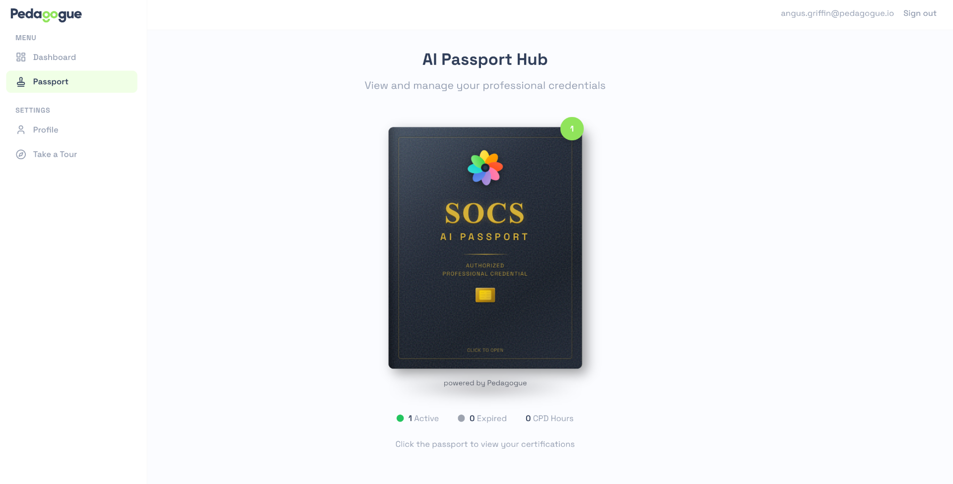 Pedagogue AI Passport showing staff CPD credentials