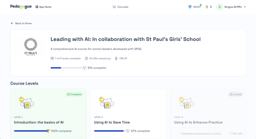 Leading with AI course levels shown inside the Pedagogue platform, in collaboration with St Paul's Girls' School